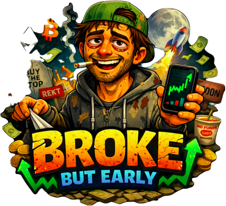 Broke But Early — degen with phone showing chart